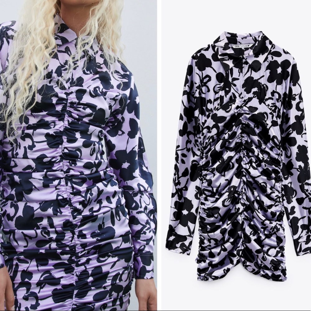 Zara Satin Effect Floral Print Ruched Mine Dress, Size M